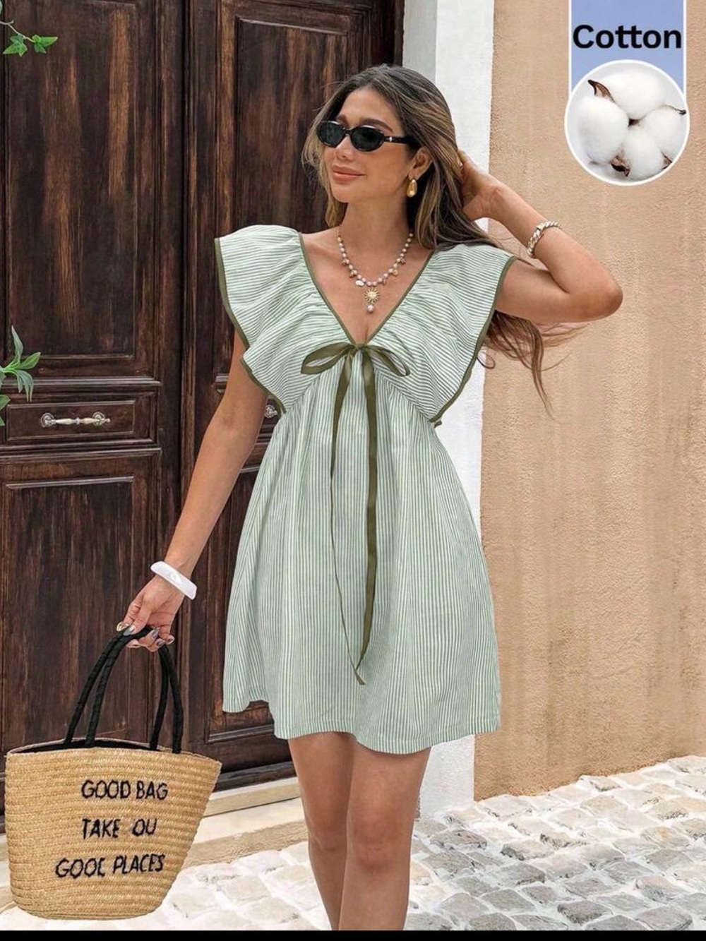 SHEIN Light Green Striped Tie-Front Mini Dress